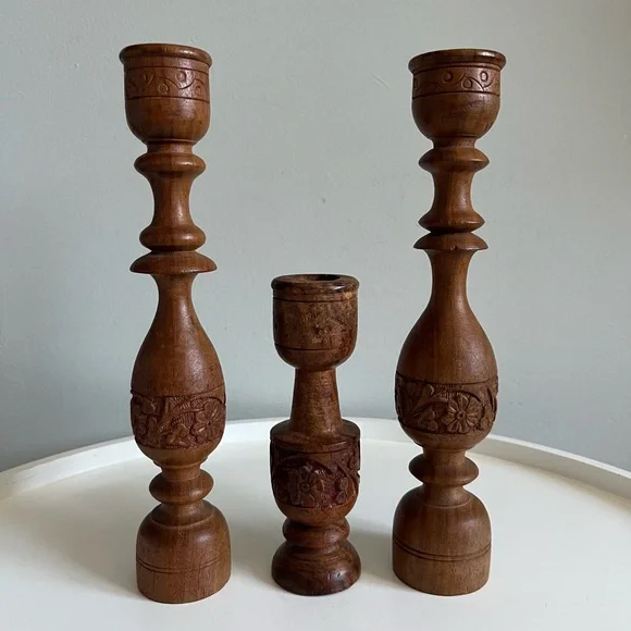 Vintage Set of 3 Hand Carved Wooden Candlesticks Boho Home Decor India - Picture 2 of 9